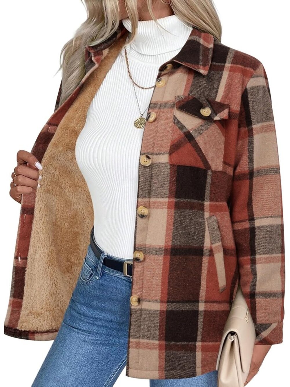 Women's Orange Sherpa Fleece Lined Winter Plaid Flannel Jacket With Pocket